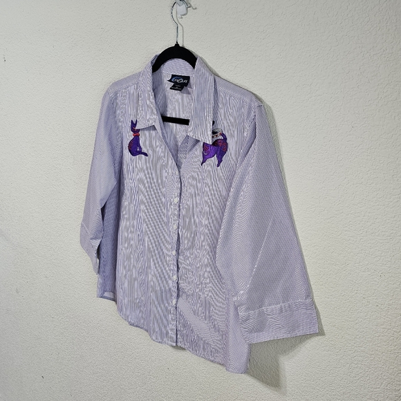 Las Olas Blouse Womens M Purple Cats Button Up 3/4 Sleeve Striped Shirt Top - Picture 9 of 10